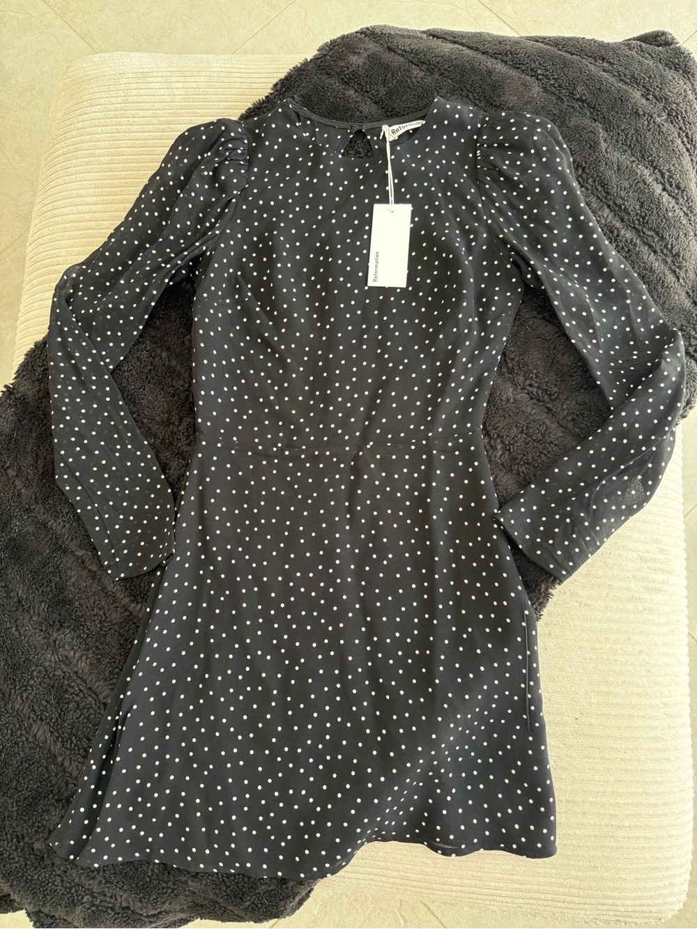 Reformation Black Polka Dot Long-Sleeve Mini Dress